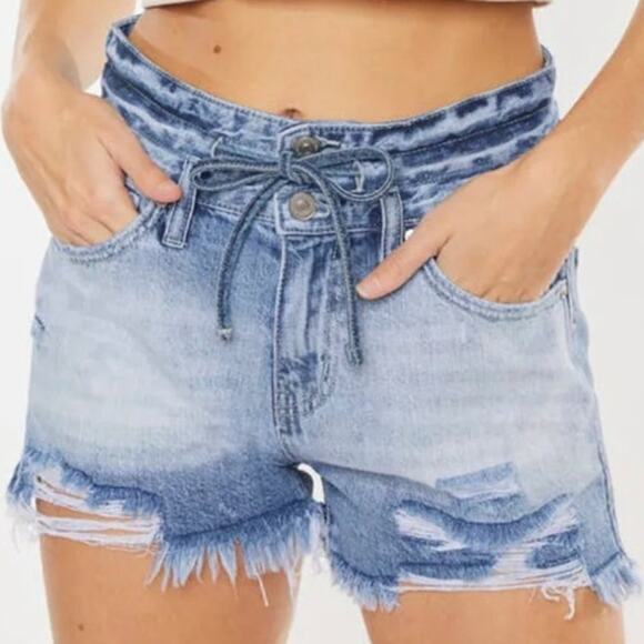 Kancan High rise frayed hem drawstring denim shorts distressed jean shorts M/ - Picture 1 of 5